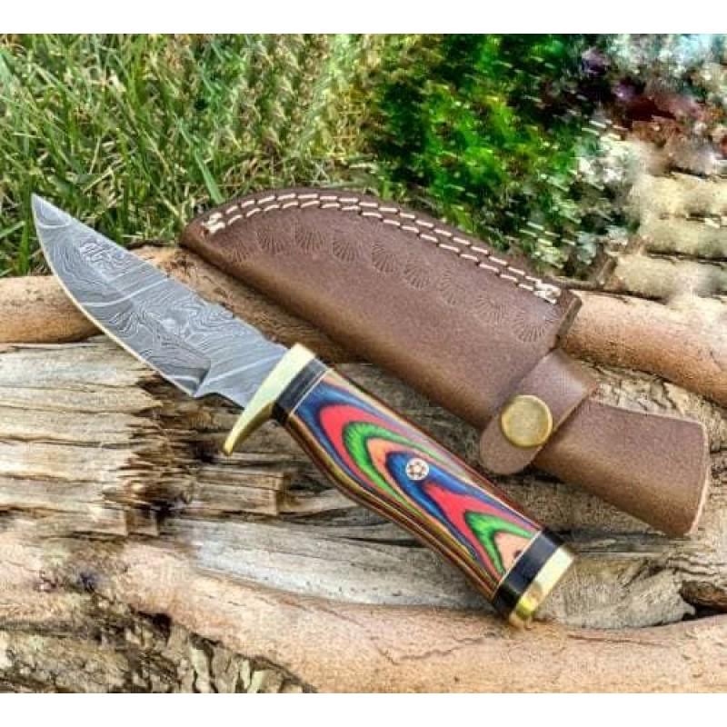 Everyday carry hunting damascus steel knife wood brass: Knife "Hrazdan" made of damask steel. Handle â€“ wood, brass and scabbard - genuine leather. Damascus knives are very durable, look great and keep sharpness perfectly. Damascus steel has high qua