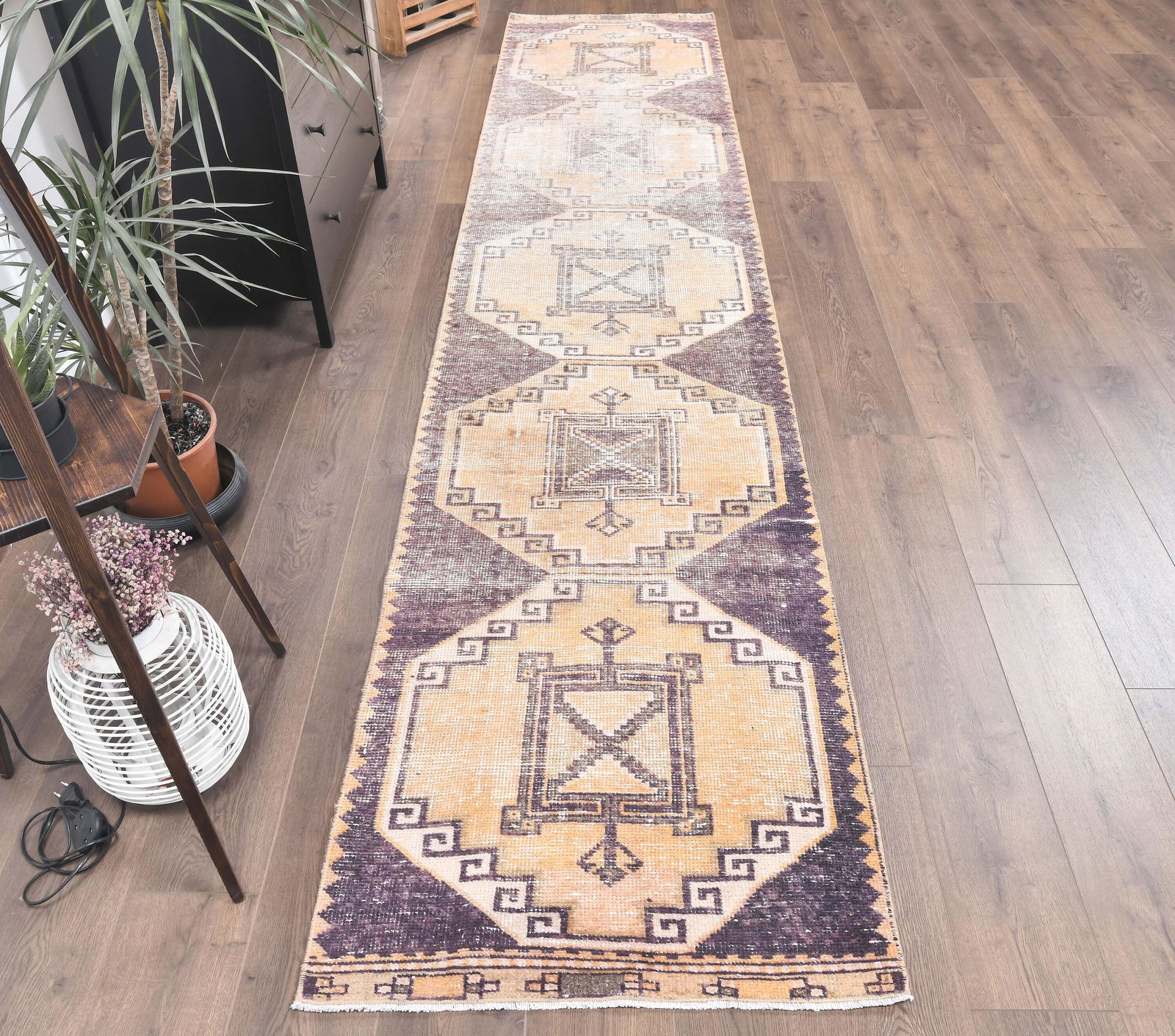 3x13 Turkish Antique Runner, Oushak Handmade Wool Rug,: This Turkish one-of-a-kind ANTIQUE runner rug is hand-knotted and handwoven by the most skilled artisans who use pure wool, in faded, natural tones, and stylish, Geometric design in Neutral Orange Col
