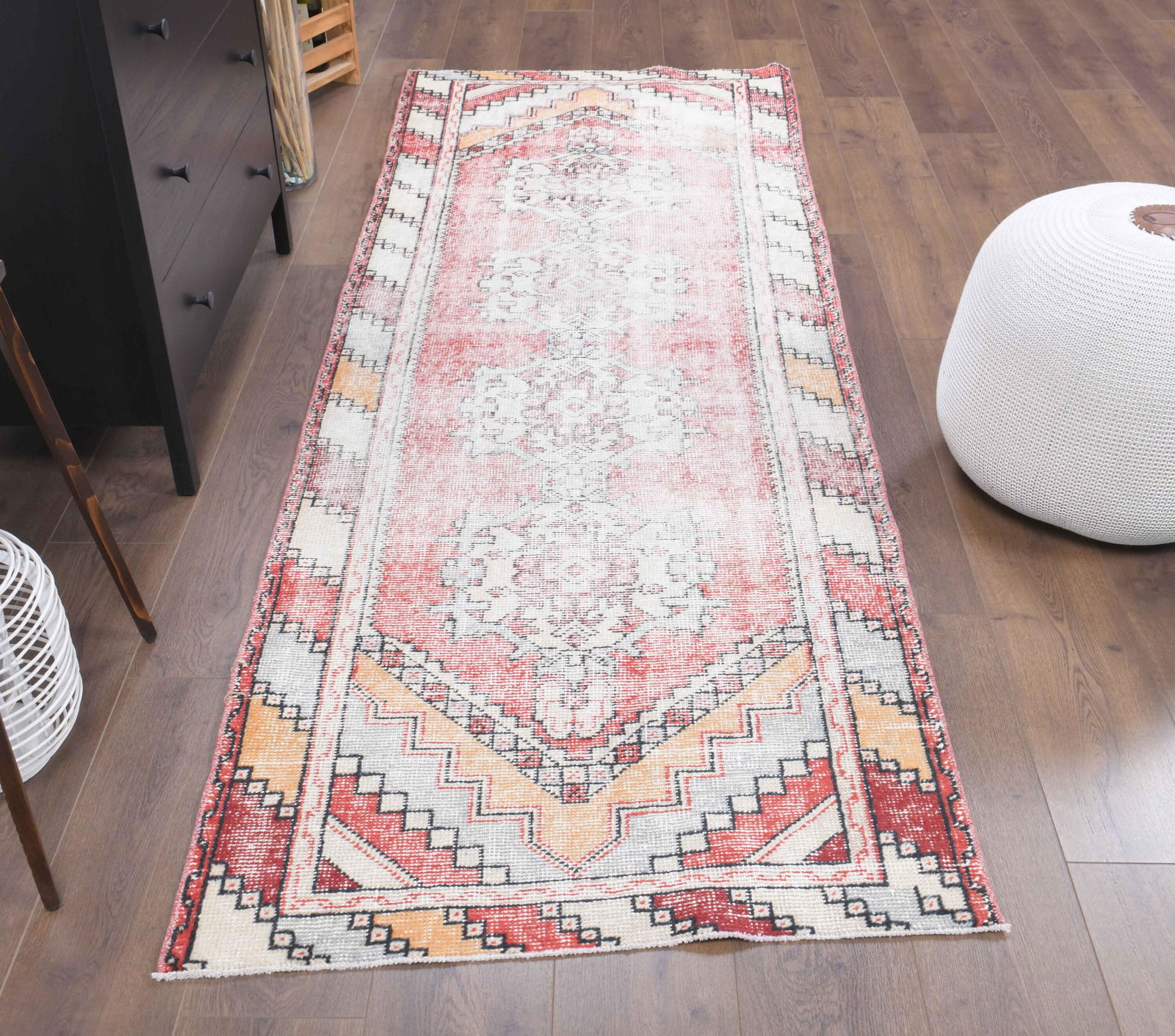 3x9 Turkish Antique Runner, Oushak Handmade Wool Rug,: This Turkish one-of-a-kind ANTIQUE runner rug is hand-knotted and handwoven by the most skilled artisans who use pure wool, in faded, natural tones, and stylish, Oriental design in Red Color. It is in