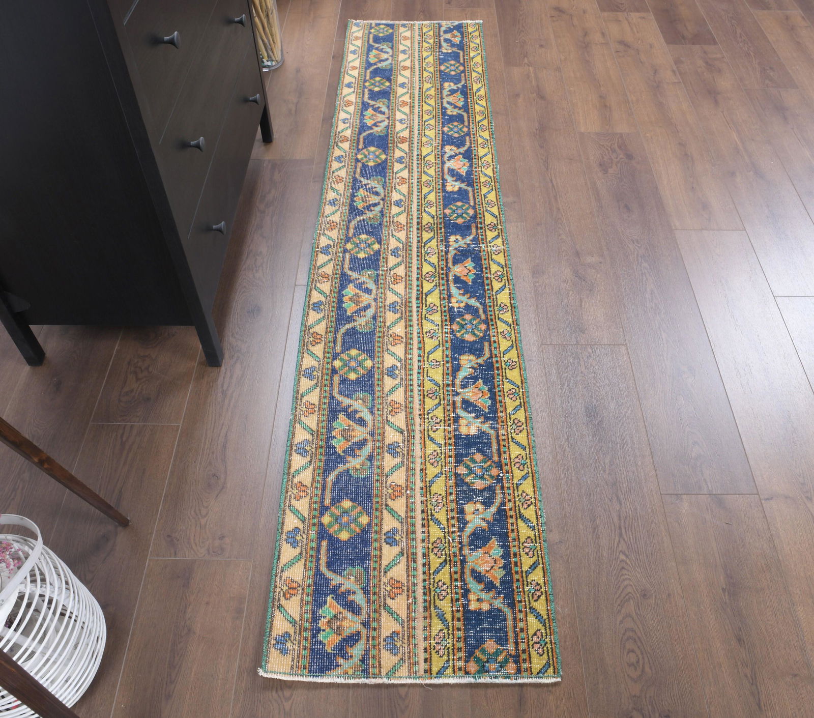 2x7 Vintage Turkish Yellow & Blue Runner, Oushak (1 of 7)