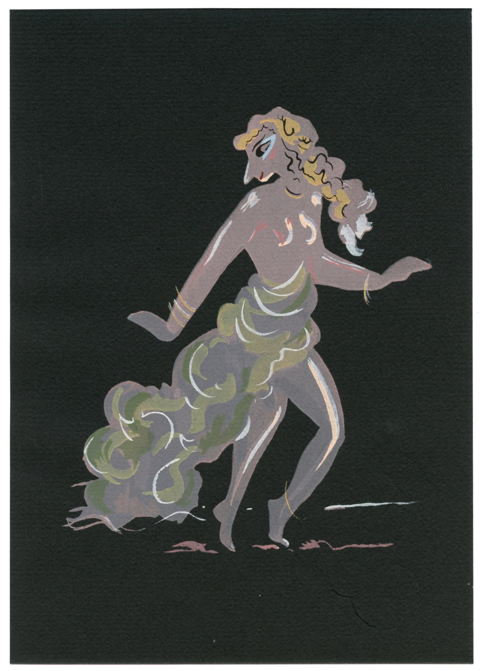 Andre Derain pochoir "Salome" 1955: Medium: pochoir (after the gouache). This pochoir shows Salome performing the Dance of the Seven Veils, from Oscar Wilde's "Salomé". It was printed in 1955 by l'Imprimerie Nationale de Monaco and