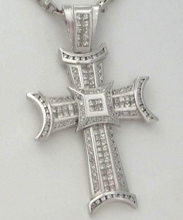 14K WHITE GOLD 5.00ct SQUARE DIAMOND CROSS CRUCIFIX (1 of 14)