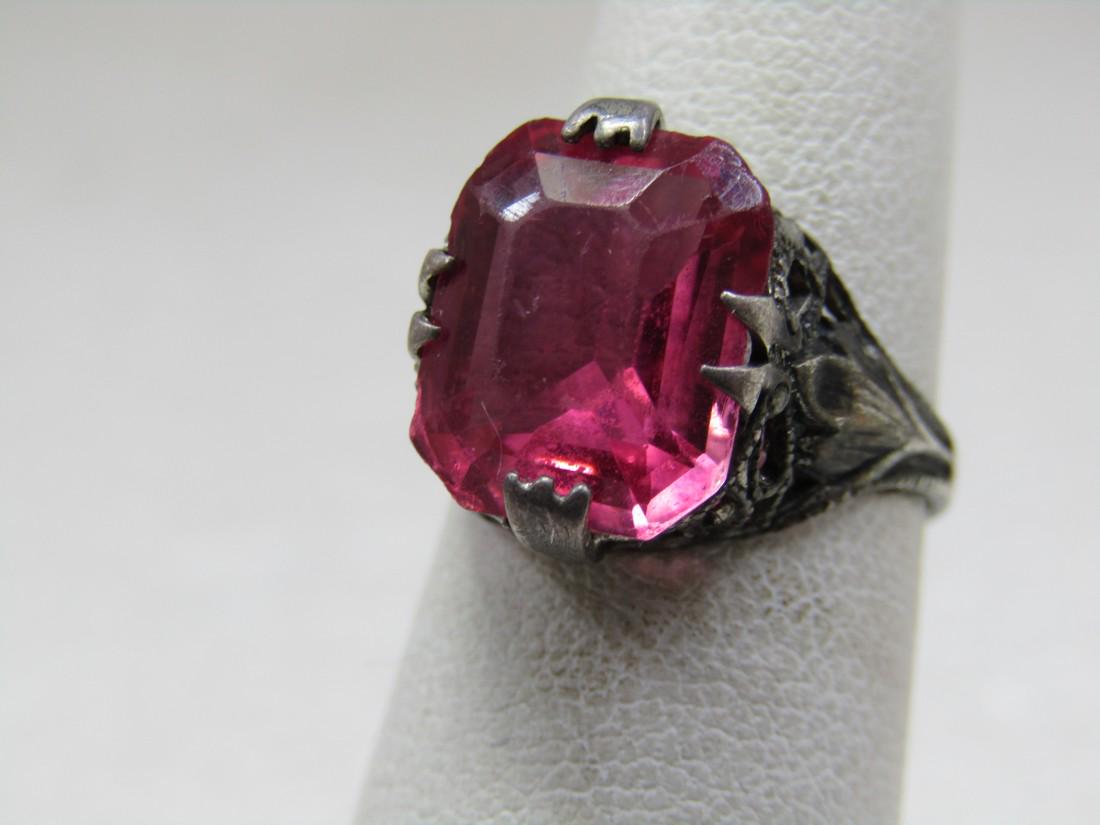 Vintage Sterling Pink Stone Art Deco Ring, Sz. 4,: Vintage Sterling Pink Stone Art Deco Ring, Sz. 4, 1920's-1930's, appx. 2.99 gr. It is marked sterling and tested. Ornate art deco filigree setting that sits up off the finger with a pink 12mm by 10.5m