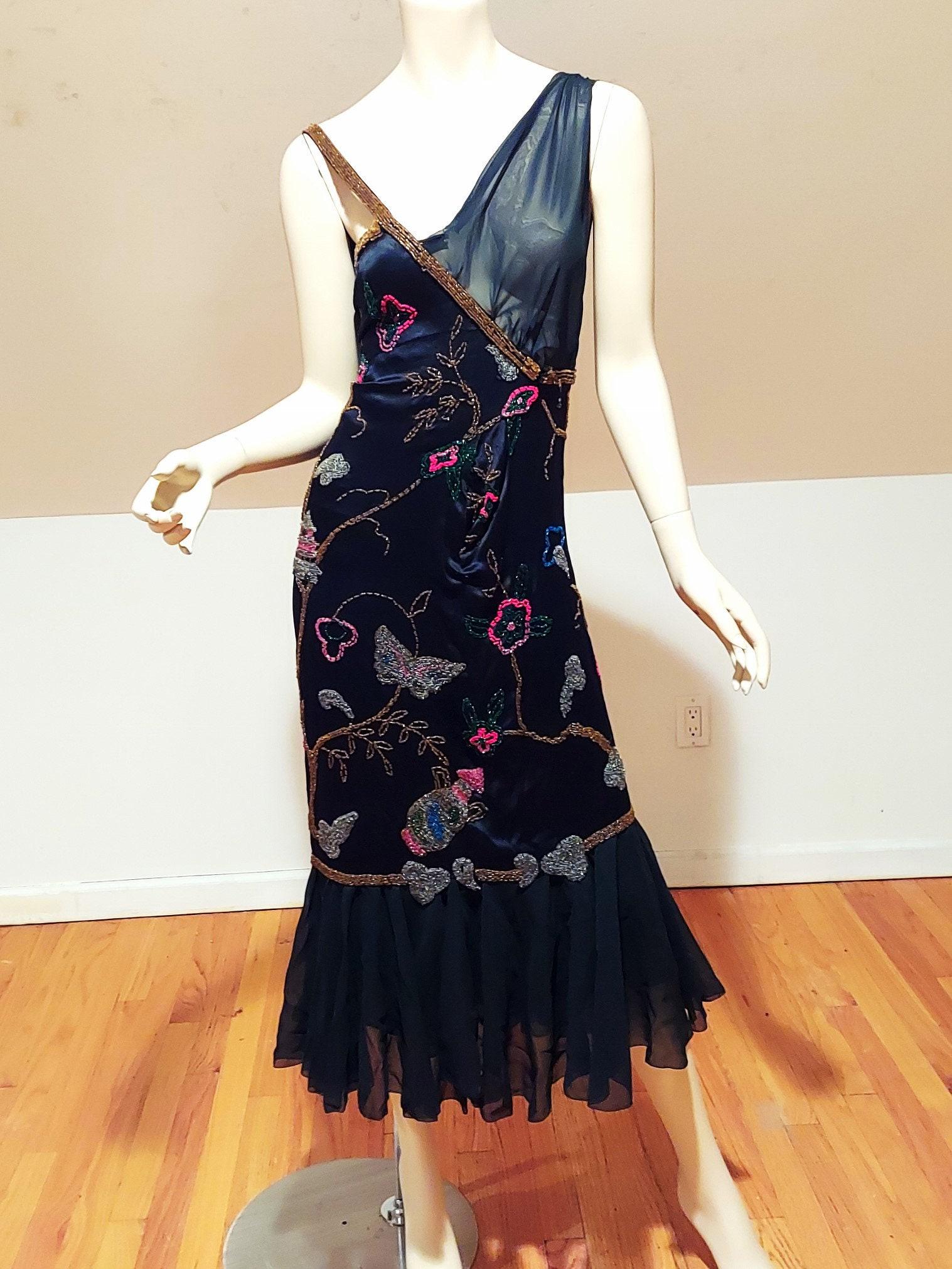Antique Silk beaded Flapper dress Voile Ruffles Beads (1 of 9)