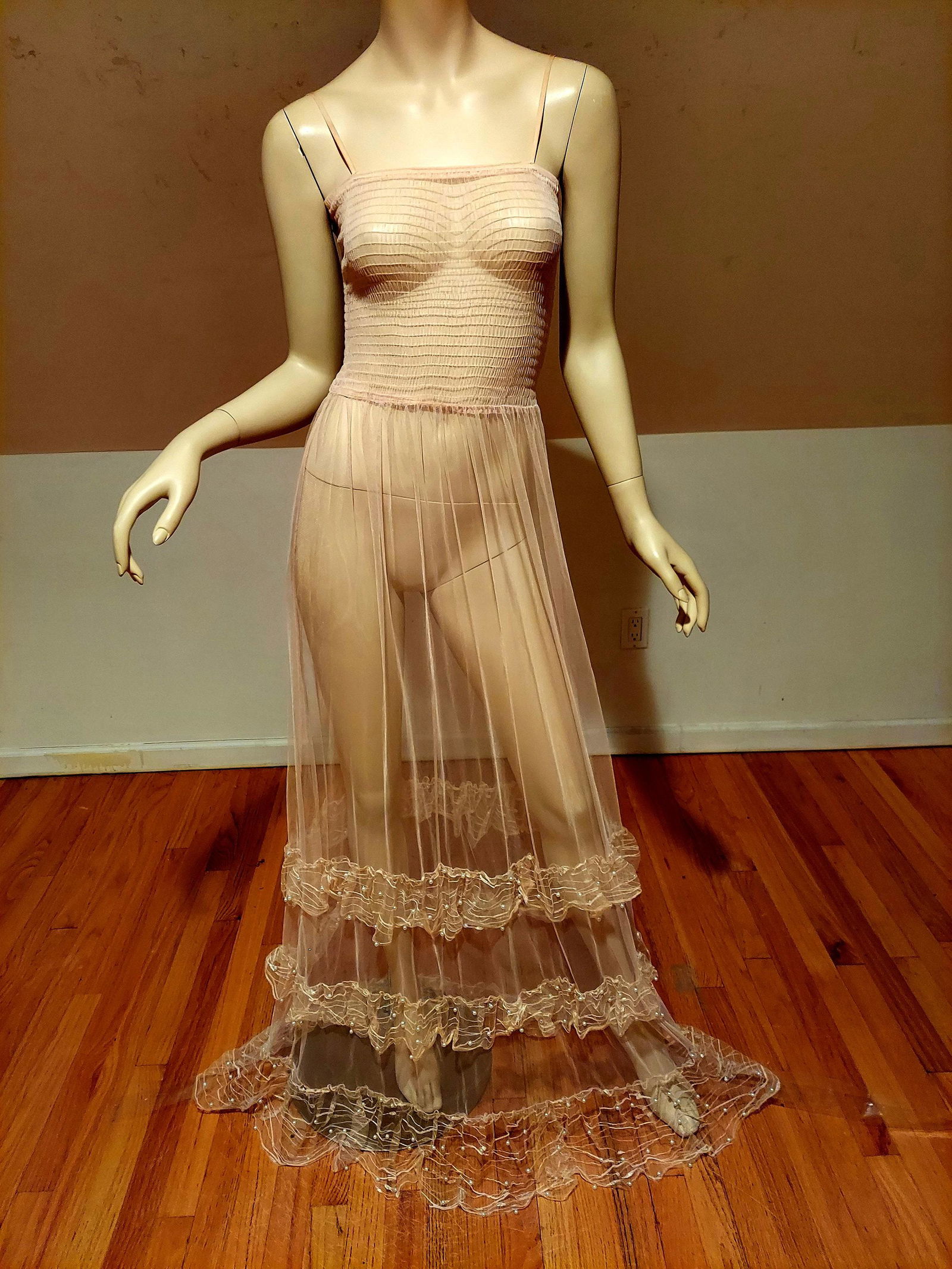 Vtg Light Pink Tulle Mesh pearl Beaded maxi sheer dress (1 of 7)