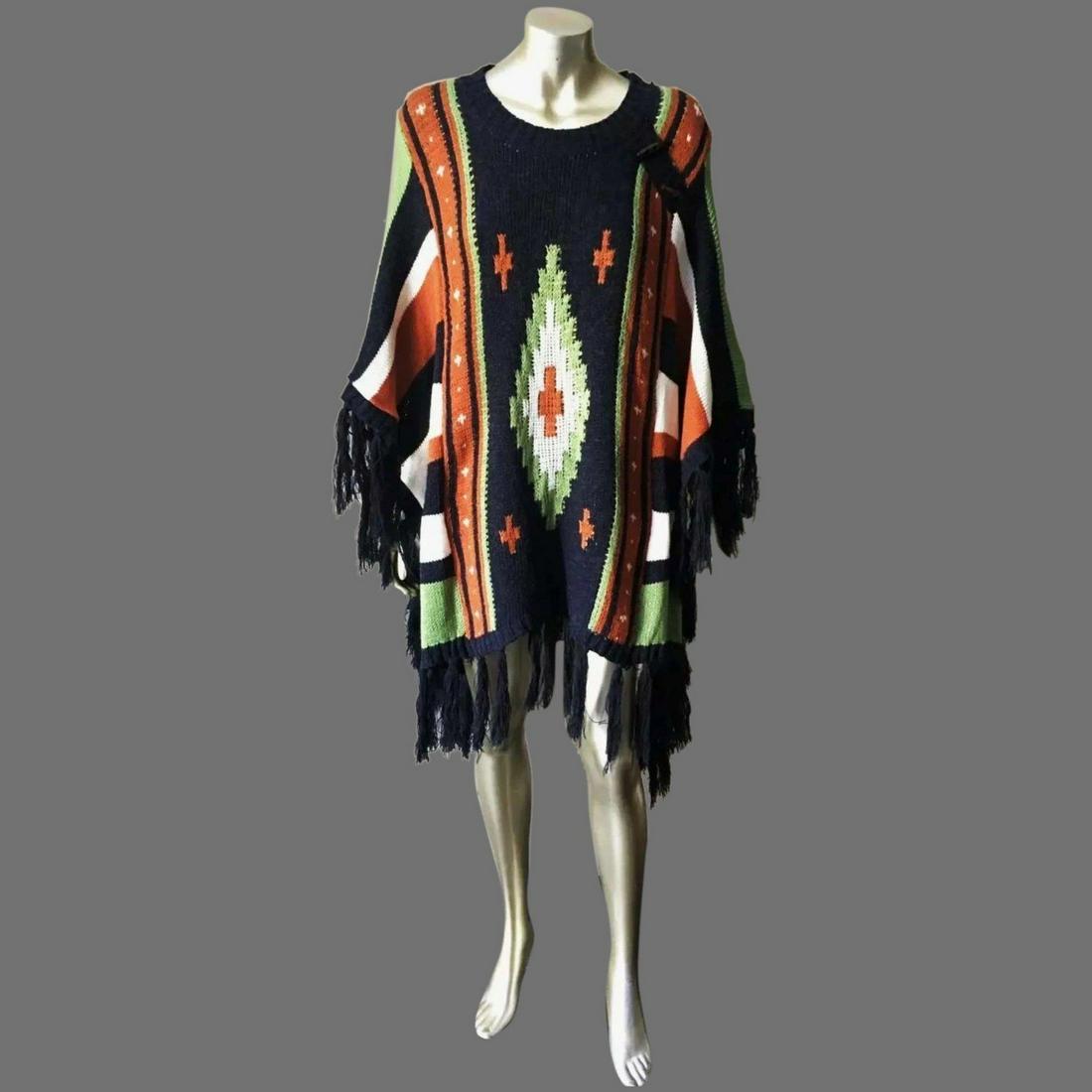 Vtg Poncho Cape Fringes Geometric Design Blanket (1 of 4)