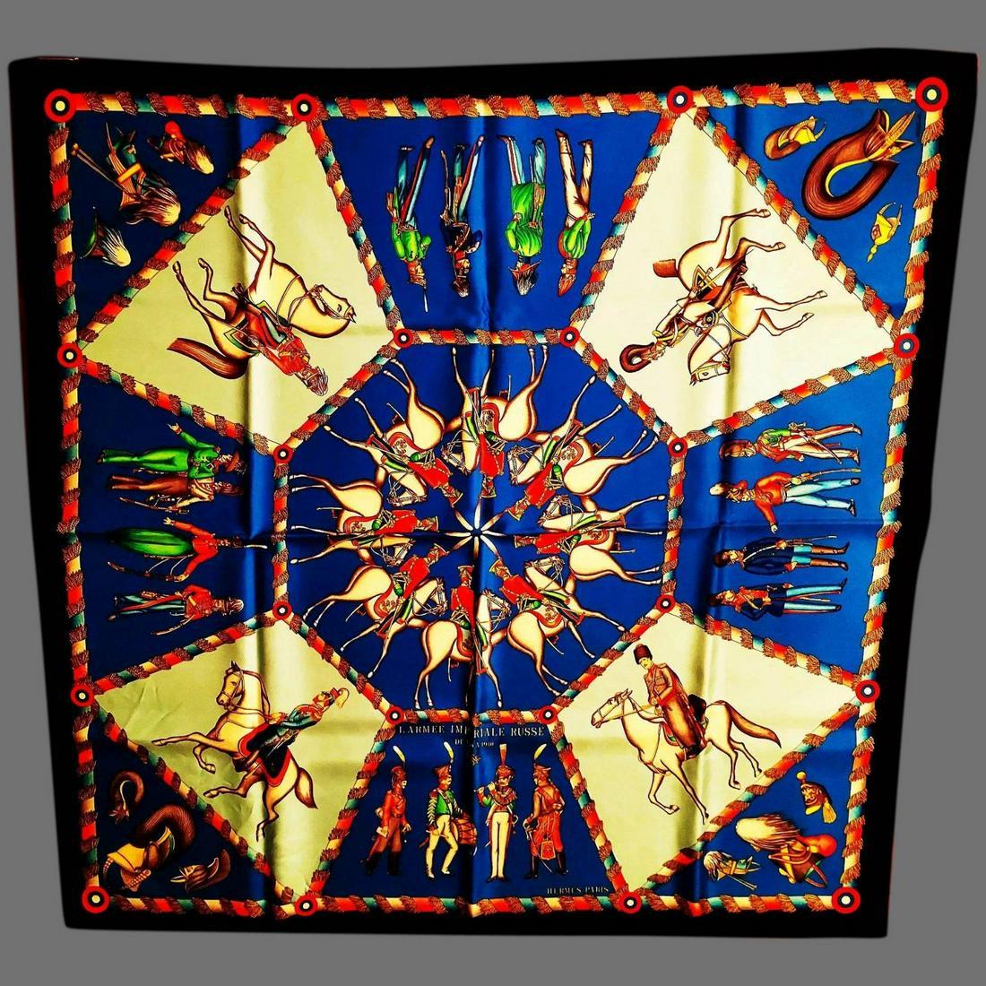 Vtg Hermes silk Rare Scarf L'arme Imperiale Russe: Stunning never used in its own Box This Scarf is To Die For. Launched in 1966 by Michel Duchene Rare in this coloration and to find in like never used. 36" A Must have for Hermes Collectors Reserve: $