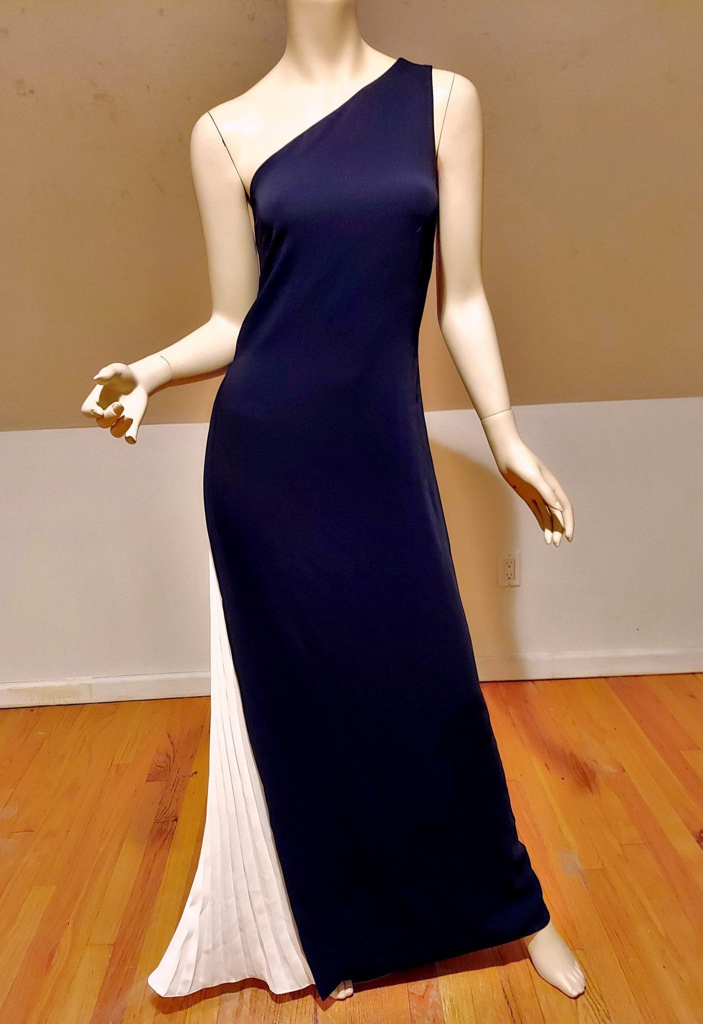 Vtg Ralph Lauren Single Shoulder blue Two Tone Maxi: A very beautiful Classy ralph Lauren Maxi one Shoulder gown with accordion white pleats to one side New old stock , Never worn still has labels A Size - 8 Reserve: $110.00 Shipping: Domestic: Flat-rat