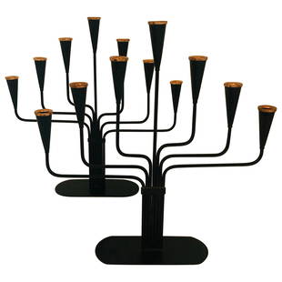 Pair of Black Enameled with Bronze Accents Seven Arm: Title: Pair of Black Enameled with Bronze Accents Seven Arm Ystad Metall Candelabras Description: Offered is a pair of pair of Gunnar Ander black enameled with bronze accents seven arm Ystad Metall 19