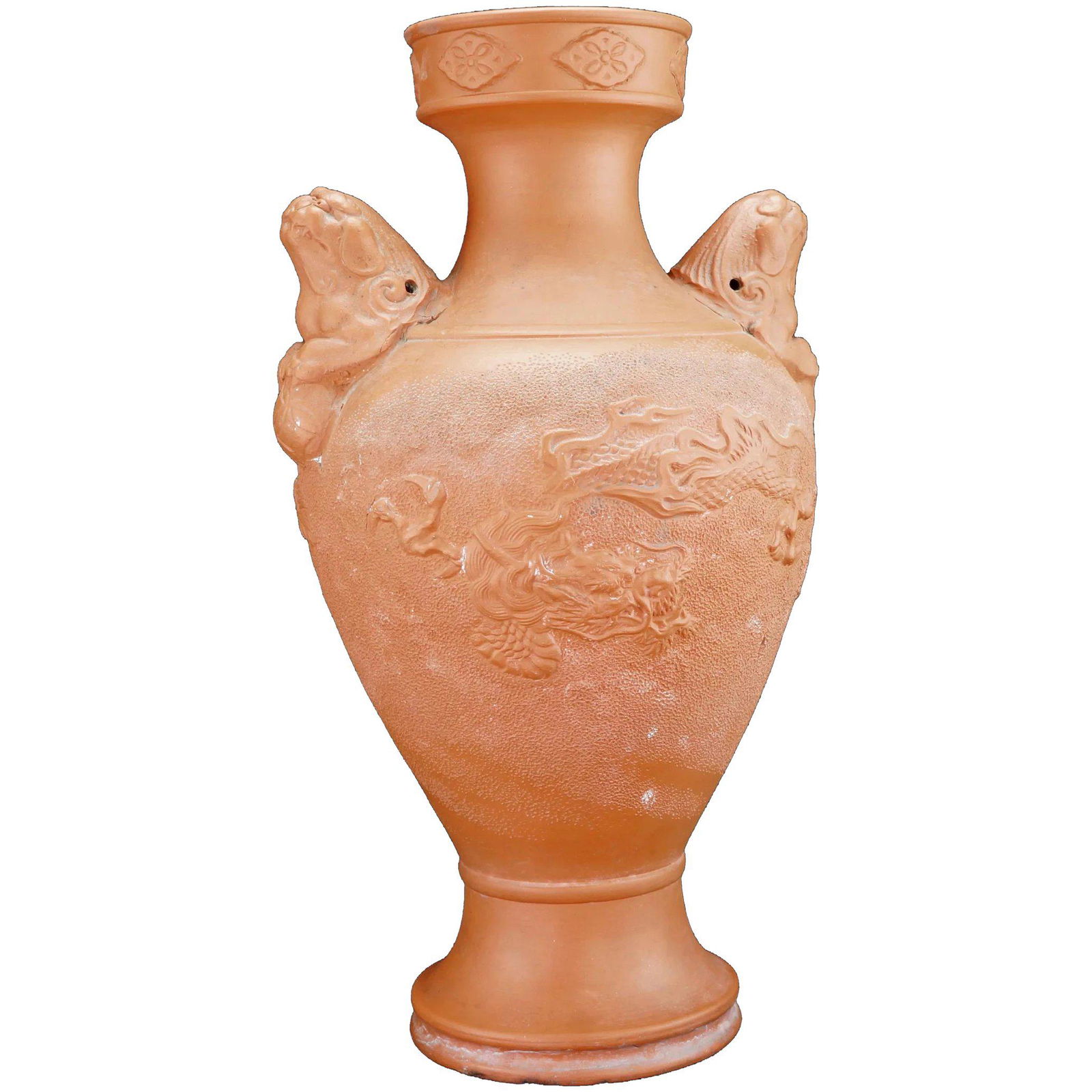 Japanese Tokoname Redware Dragon Vase c 1910: Title: Japanese Tokoname Redware Dragon Vase c 1910 Size: 12 ¼” (31.1 cm) tall x 7” (17.8 cm) wide x 6” (15.2 cm) diameter. Description: A large and well-detailed Japanese redwa