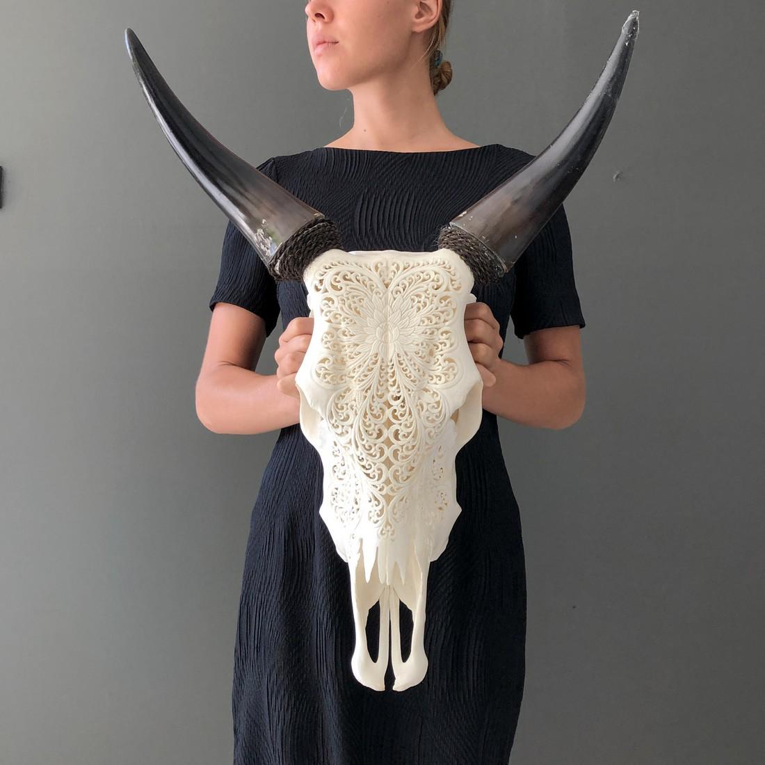 Carved White Cow Skull - Lotus (1 of 10)