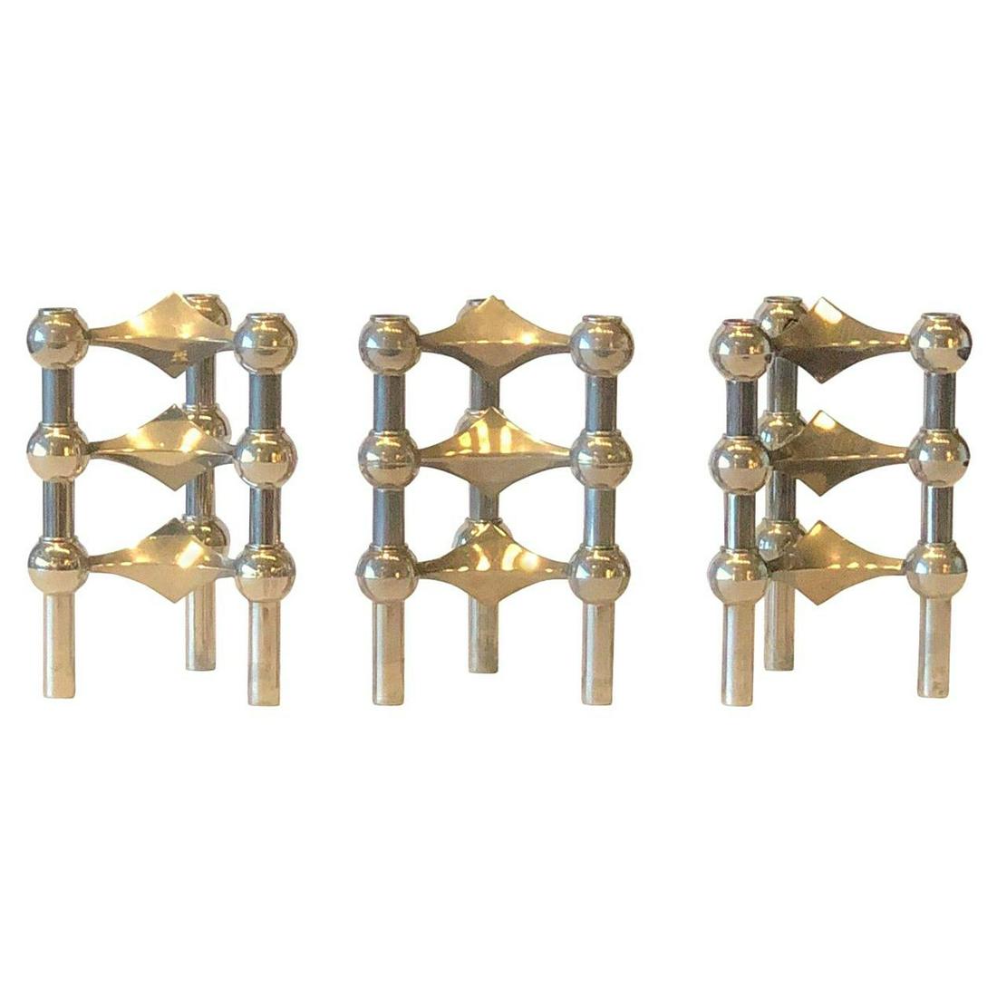 Set of 9 Fritz Nagel & Caesar Stoffi Stacking Stainless: Title: Set of 9 Fritz Nagel & Caesar Stoffi Stacking Stainless Steel Candleholders Description: Offered is a set of nine Mid-Century Modern Caesar Stoffi for Fritz Nagel stainless steel stacking candl