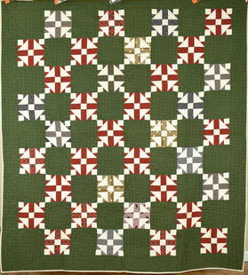 1880's "Grandmother's Choice" Quilt: This elegant cotton 1880's "grandmother's choice" / tea cups quilt is hand pieced and hand quilted, with a deep green calico background. It measures 78" X 88" and is in excellent, never washed