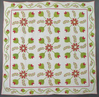 Antique Applique, "Oak Leaf and Currents" Quilt, c.1860: Title: Antique Applique, "Oak Leaf and Currents" Quilt, c.1860 Provenance/Additional Info: This is an 1850's-60's Antique Applique Quilt. The pattern is, "Oak Leaf and Currents". It has been lightly u