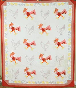 Rare 30's "Chanticleer" Rooster & Hen Quilt: This beautiful cotton 30's chanticleer and hen quilt is hand appliqued and hand quilted, with hand embroidered accents and a whimsical hatched chick / egg border. It measures 68" X 82" and is in excel