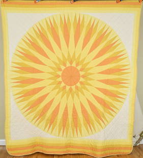 Graphic 30's Sunburst / Compass Quilt: 30's cotton sunburst / mariner's compass quilt, all hand pieced and hand quilted, with warm sunset colors, six border on two ands, and two border on the others. It measures 78" X 88" and is in