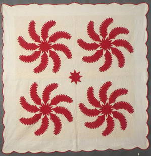 Remarkable, Antique Red & White "Princess Feather": Title: Remarkable, Antique Red & White "Princess Feather" QuiltProvenance/Additional Info: This is a remarkable Antique Quilt. It is a 4-square, Princess Feather Pattern. It is made of cotton, and is