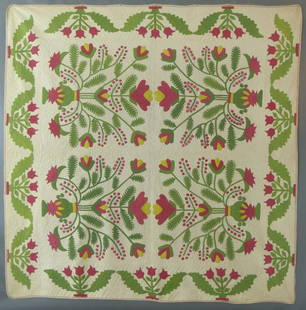 Fabulous Antique Applique Red & Green Quilt: Title: Fabulous Antique Applique Red & Green QuiltProvenance/Additional Info: This is a Fabulous Antique Quilt. It is an applique quilt dating to the 1850's. It is in very excellent condition, with a