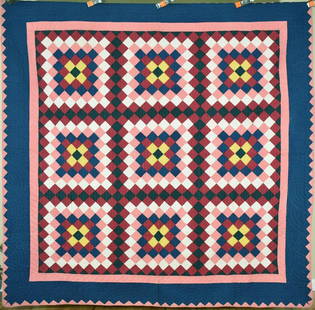 1880's Philadelphia Pavement Quilt: This crisp, sturdy cotton 1880's Pennsylvania Mennonite "Philadelphia pavement" quilt is hand pieced and hand quilted, with a treadle machine stitched sawtooth border only. It measures 86" X 88" and