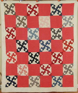 Nicely Quilted 1890's Drunkard's Path Quilt: This ELEGANT cotton 1890's drunkard's path quilt is hand pieced and hand quilted, with a cinnamon pink background. It measures 72" X 86" and is in excellent, never washed condition, with a couple of