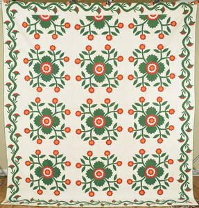 1850's Whig Rose Applique Quilt, Vine Border