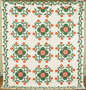 1850's Whig Rose Applique Quilt, Vine Border: Large cotton 1850's red, green and cheddar whig rose quilt, all hand appliqued and hand quilted with a nice vine border. It measures 92" X 102" and is in excellent condition, with the occasional