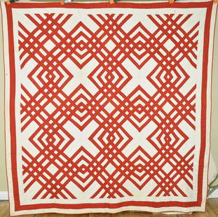 1880's Red & White Carpenter's Square Quilt: Cotton 1870's/1880's red and white carpenter's square quilt, all hand pieced and hand quilted. It measures 82" X 84" and is in very good condition, with the occasional small spot (see pics) and the