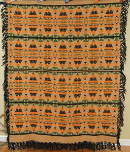 30's Beacon Blanket, Indian Design: This GORGEOUS cotton 30's Beacon Mills orange, green, black and tan camp blanket/shawl has a wonderful Indian design and black wool fringe around the edge. Colorwise, each side is the reverse of the