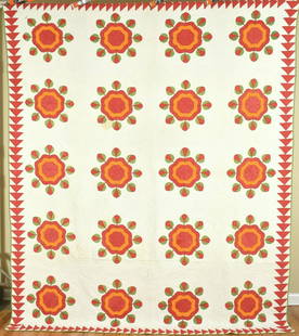 1880's Red & Green Applique Quilt, Flying Geese Bdr.: This GORGEOUS cotton 1850's red, green and cheddar whig rose quilt is hand appliqued and hand quilted, with an unusual wild goose chase border. It measures 84" X 102" and is in very good condition,