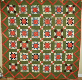 1890's Stars Quilt, Zigzag Border: This AMAZING cotton 1880's/1890's stars and four patch quilt is hand pieced and hand quilted, with a nice red zigzag border. It measures 78" X 80" and is in excellent condition, with a couple of