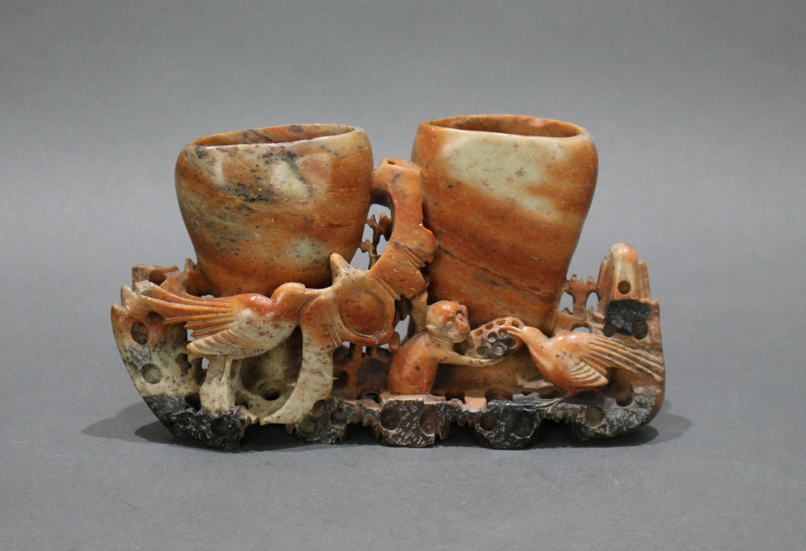 Antique Chinese Carved Red Soapstone Brush Pot (1 of 3)