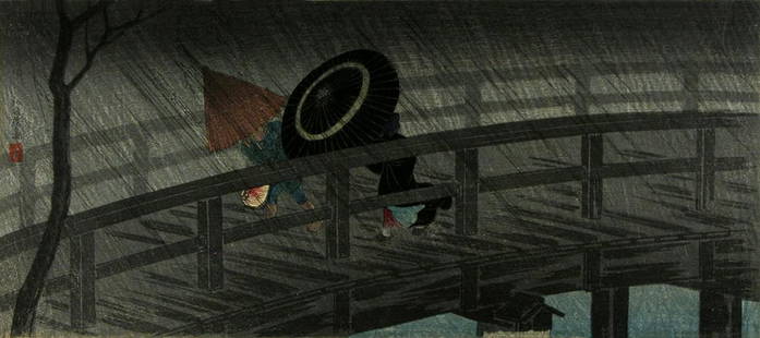 Takahashi HIROAKI (Shotei): Rain on Izumi Bridge: Title: Rain on Izumi Bridge Artist: Takahashi HIROAKI (Shotei) Publisher: Watanabe Shozaburo Date: 1920s (this, original edition) Medium:woodblock print Size/Format: tanzaku yoko-e (c. 7 1/8" x 4 1/2"