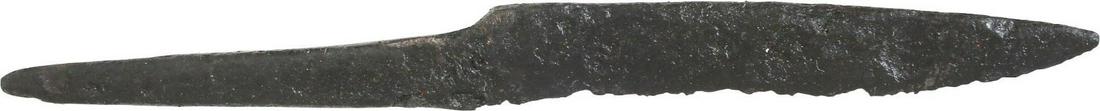 VIKING SIDE KNIFE OR POUCH KNIFE, 879-1067 AD: 3 7/8" total length. Particularly thin section for slashing, distinguishing it from a working knife. Whittle tang, to secure it to the wood, bone, or antler grip, now perished. Isolated pockmarks oxid