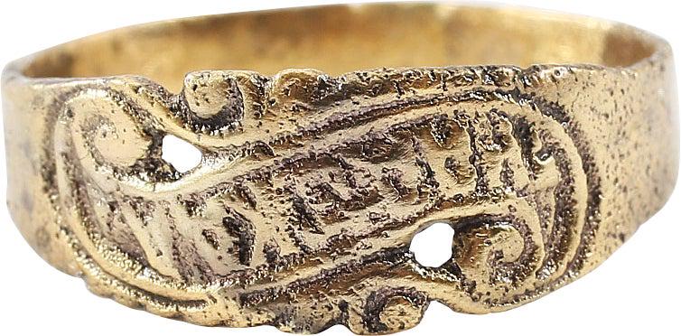 EASTERN EUROPE WEDDING RING, 19th CENTURY, SZ 10 1/4: 3.5mm flat face band expanding to the bezel which is comprised of a banner with "HOPE" in Cyrillic script. Minor wear but excellent with the 24kaart gold surface restored for modern wear. Reserve: $70