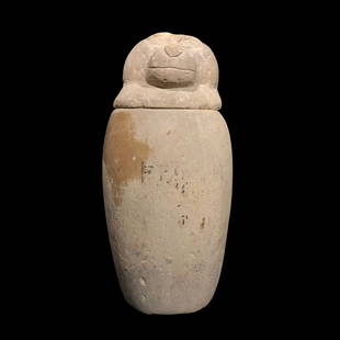 Ancient Egypt Limestone canopic jar with a: Title: Ancient Egypt Limestone canopic jar with a baboon-headed lid (Hapy), Late Period, 664-332 BC Description: It is a canopic jar whose lid represents Hapy the baboon. The canopic jars were the con