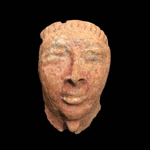 Ancient Egypt Terracotta rare funerary mask of a male: Title: Ancient Egypt Terracotta rare funerary mask of a male figure, Late Period, Circa 722-332 BCDescription: This rare sarcophagus mask has a serene gaze of a soft earthy red colour. It preserves