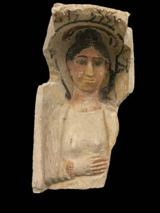 Ancient Egyptian Limestone or Stucco Mummy Portait or: Title: Ancient Egyptian Limestone or Stucco Mummy Portait or household Stele, Roman period, Circa 3rd-4th Century A.D. - EX CHRISTIESDescription: With the upper torso of a female within a deep niche,