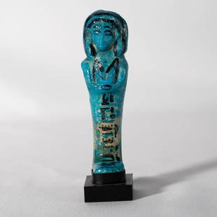 Ancient Egypt Faience shabti for Amenemope, Third: Title: Ancient Egypt Faience shabti for Amenemope, Third Intermediate Period, XXI Dynasty, Circa 1070-945 B.C.Description: Turquoise glazed faience composition funerary statuette, with a frontal