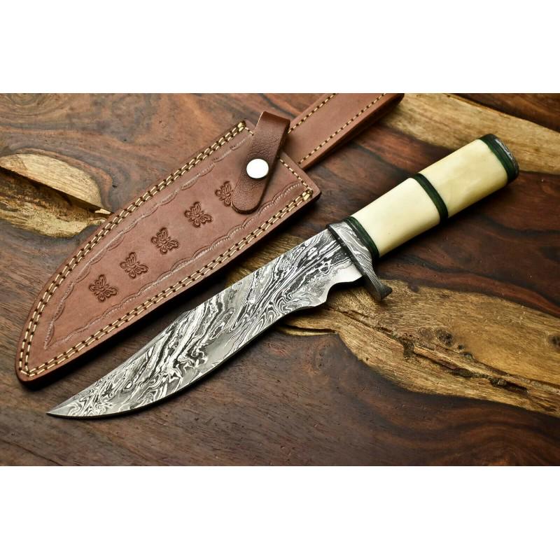Exclusive pattern everyday carry damascus steel knife: Blade - damask steel Handle â€“ camel bone Leather sheath â€“ included Blade hardness â€“ 58-60 HRC Total length â€“ 12 (inch) Blade length - 7 (inch) Blade Thickness â€“ 3-4 