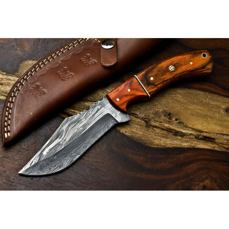 Everyday carry damascus steel knife camping hiking work: Blade - damask steel Handle â€“ hard wood Leather sheath â€“ included Blade hardness â€“ 58-60 HRC Total length â€“ 8,5 (inch) Blade length - 4 (inch) Blade Thickness â€“ 3-4 