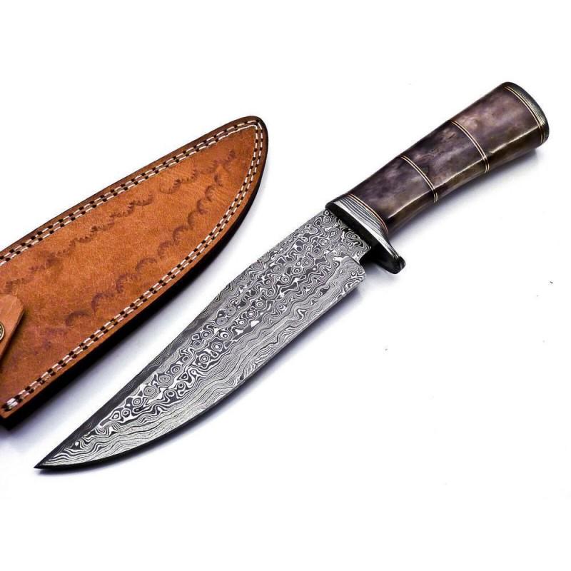 Damascus steel knife exclusive pattern hunting survival: Knife "Spicer" made of damask steel. Handle - colored camel bone, unique wood and scabbard - genuine leather. Damascus knives are very durable, look great and keep sharpness perfectly. The blade retai