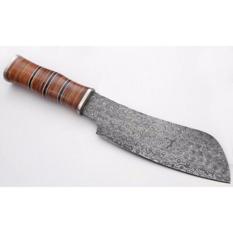 Kitchen chife butcher damascus steel knife leather horn: Knife "Driftwood" Blade - damask steel Handle â€“ leather, buffalo horn, fiber spacers, steel Blade hardness â€“ 58-60 HRC Total length â€“ 305 mm. Blade length - 191 mm. Handle length 