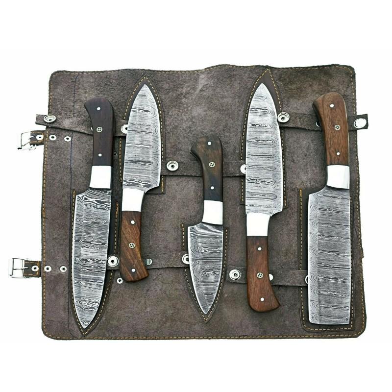 Set of 5 work kitchen chef damascus steel knives wood: Set of 5 Knives "Always" made of damask steel. Handle â€“ rose wood, silver steel bolster and scabbard - genuine leather. Damascus knives are very durable, look great and keep sharpness perfectly