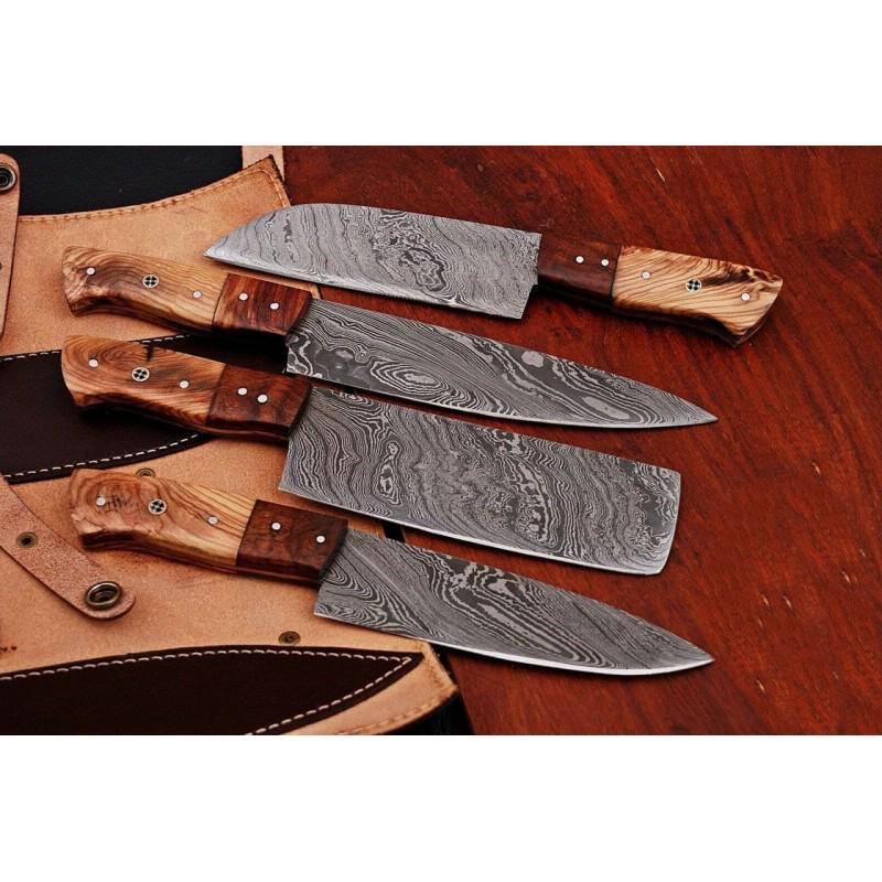 Set 4 everyday carry damascus steel knives kitchen chef: Set of 4 Knives "Brown" made of damask steel. Handle â€“ bone and scabbard - genuine leather. Damascus knives are very durable, look great and keep sharpness perfectly. Damascus steel has high qu