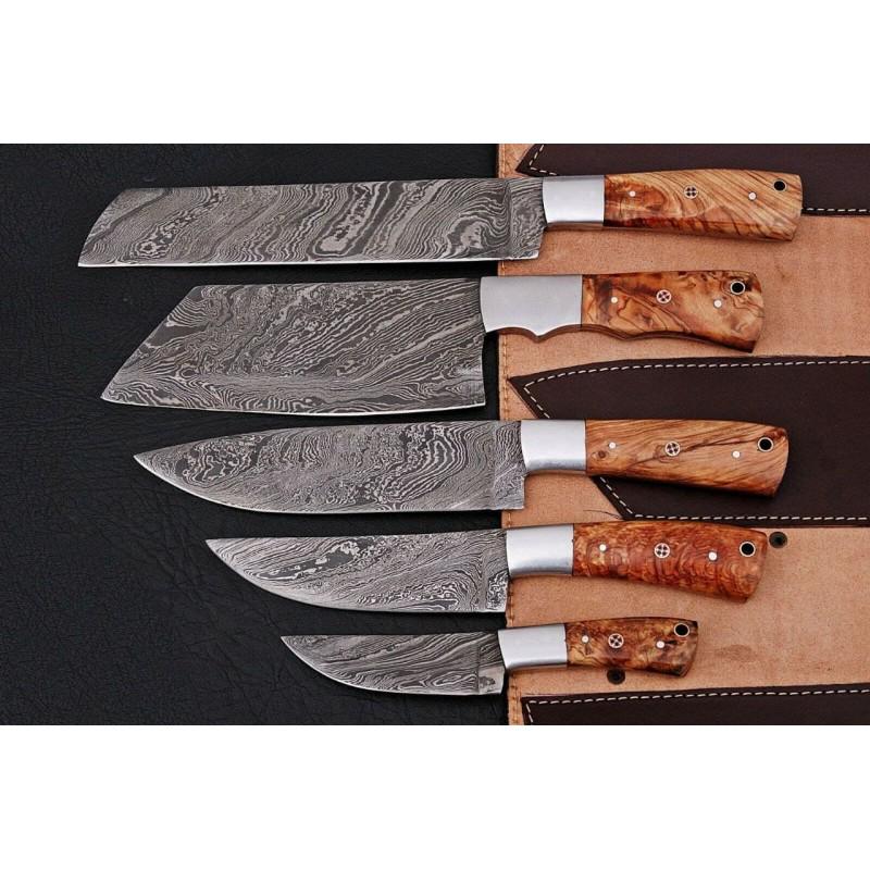Set 5 work chef kitchen damascus steel knives wood: Set of 5 Knives "Tooth" made of damask steel. Handle â€“ wood, steel bolsters and scabbard - genuine leather. Damascus knives are very durable, look great and keep sharpness perfectly. Damascus s