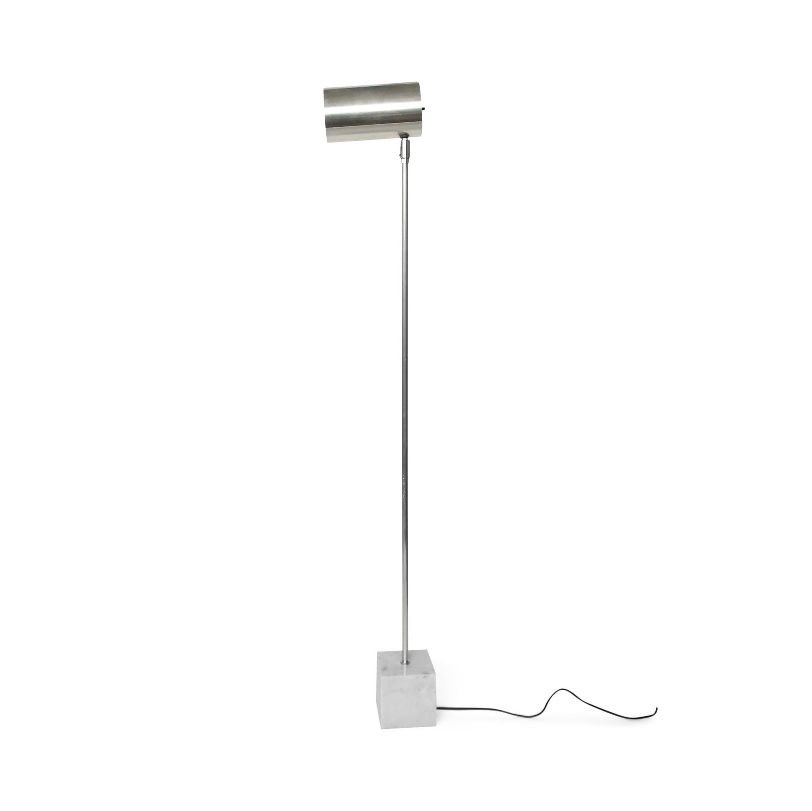 Chrome and Marble Floor Lamp by Robert Sonneman for: A classic floor lamp design by Robert Sonneman for Kovacs: a pivoting can-shaped chrome shade sitting atop a thin chrome stem and square marble base. In vintage condition with wear consistent with age