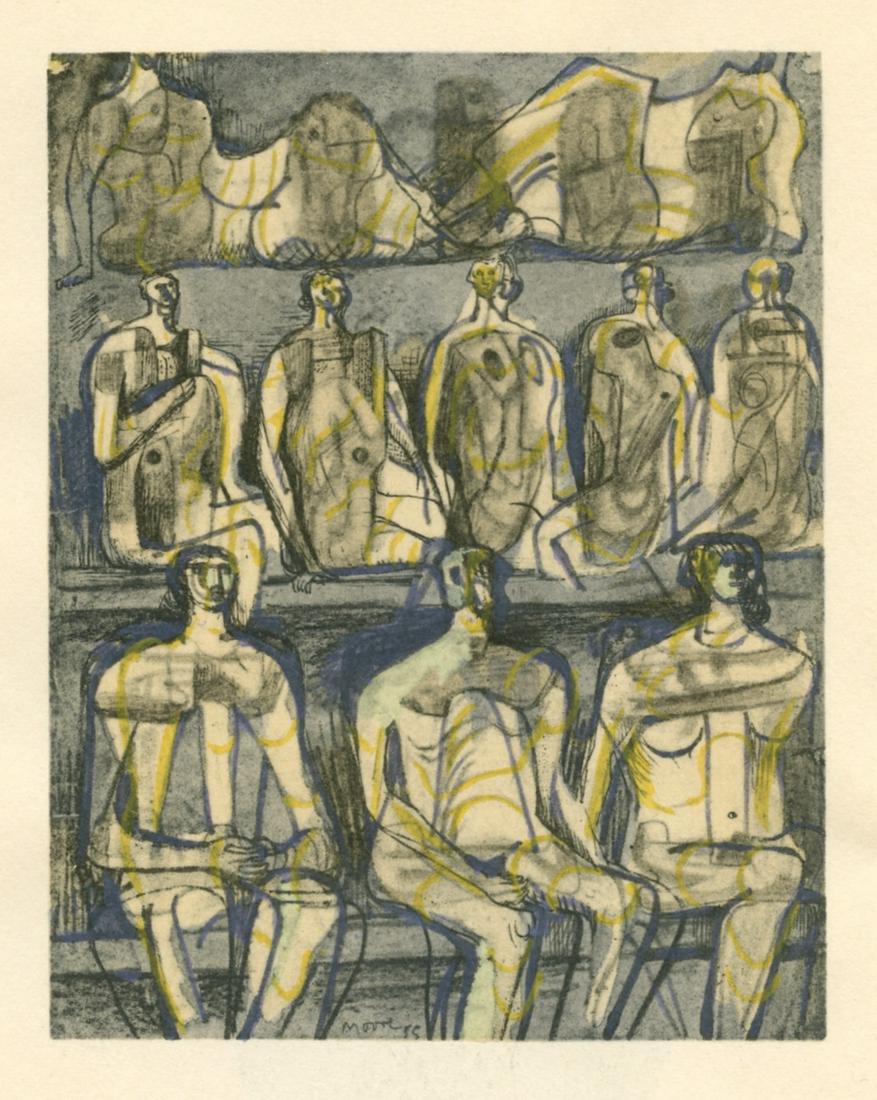 Henry Moore pochoir "Personnages": Medium: pochoir (after the watercolor). Printed in Paris in 1957 at the atelier of Daniel Jacomet and published by the Berggruen Gallery for a rare catalogue. Image size: 4 5/8 x 3 7/8 inches (123 x 9