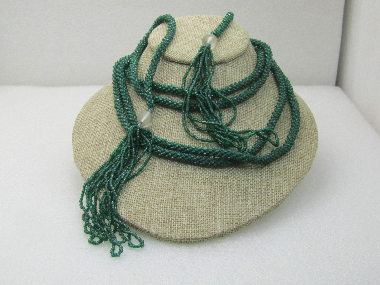 Vintage 40 Green Seed Beaded Belt/Necklace Long Tassel (1 of 8)