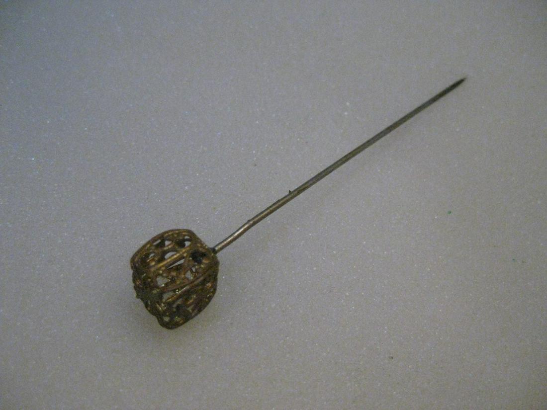 Vintage Filigree Box Stick Pin/Hat Pin Gold Tone: Vintage Edwardian Early 1900's Stick Pin - filigree box - gold tone, 3.25" long - stick pin/hat pin. It could be older - it has a brassy gold tone metal for the filigree box which is about 3/8" square