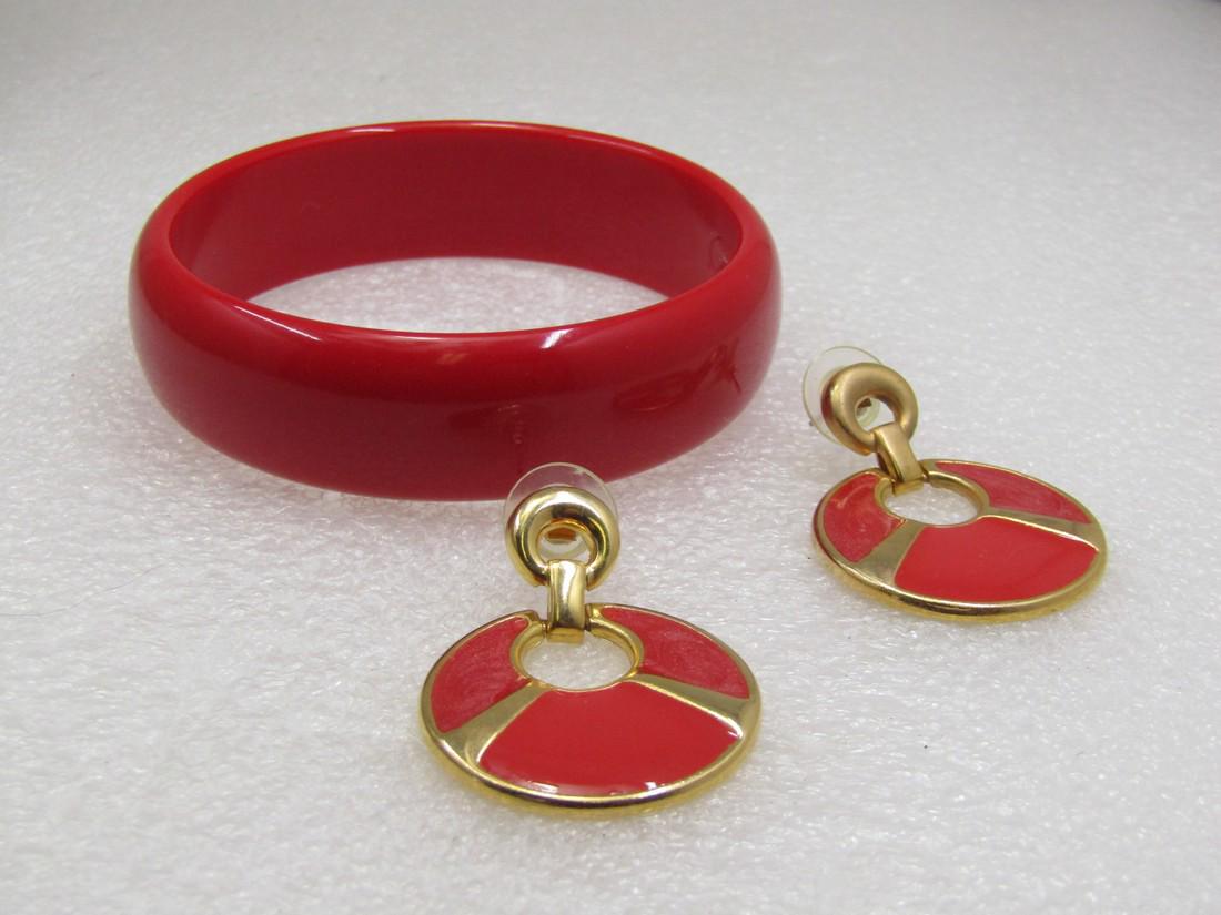 Vintage Red Bangle Bracelet & Earrings, 1980's (1 of 5)